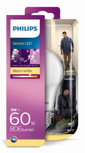 Obrázok Philips 8718699659981 LED žiarovka Sensor 1x8W | E27 | 2700K - pohybové a súmrakové čidlo